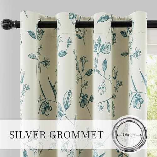 ChrisDowa Beige 100% Blackout Floral Curtains 84 Inches Long 2 Panels for Bedroom Living Room Teal Flower Patterned Room Darkening Thermal Insulated Soundproof Grommet Window Treatments Drapes,52X84 thumbnail 5