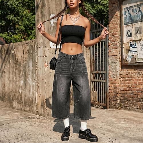OTEEGX Jorts Women Baggy Jean Shorts Summer Long Denim Y2k Shorts for Women | Barrel Wide Leg Capri, High Rise, 4 Pockets, Plus Size Summer Bermuda Jorts, Boyfriend Vintage Streetwear thumbnail 3