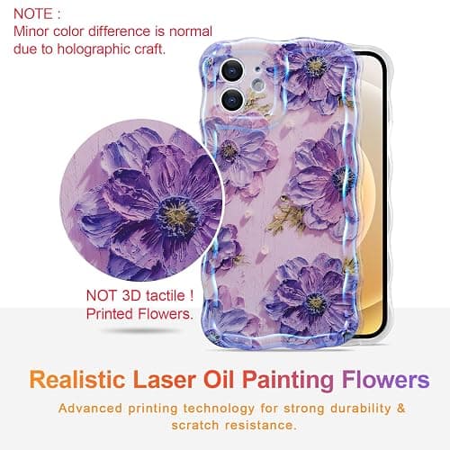 EYZUTAK Case for iPhone 12, Colorful Retro Oil Painting Printed Flower Laser Glossy Pattern Cute Curly Waves Border Exquisite Phone Cover Stylish Durable TPU Protective Case for Girls Women - Purple thumbnail 2