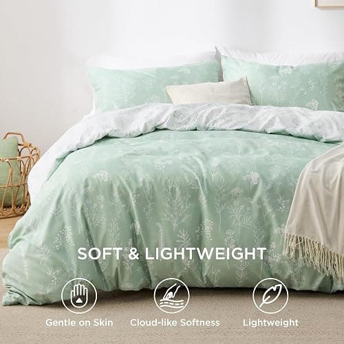 Bedsure Double Duvet Cover Set - Reversible Green Duvet Cover with Zipper Closure, 3 Pieces Floral Patterned Bedding Set with 8 Corner Ties and 2 Pillowcases, 200x200cm thumbnail 2