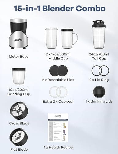 Ganiza Smoothie Blender, 900W Blenders for Shakes and Smoothies, 15-Piece Personal Blender and Grinder Combo for Kitchen, Smoothies Maker with 4 BPA-Free Portable Cup, Nutritious Recipe thumbnail 6