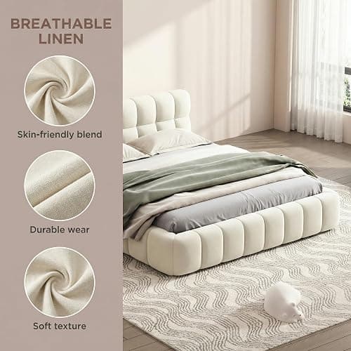 BRILVERDE Upholstered Bed with Slatted Frame and Backrest, Double Bed, Youth Bed, Flat Bed with Padded Border, Padded Bed, Youth Bed Frame, Linen (Beige, 140 x 200 cm) thumbnail 7