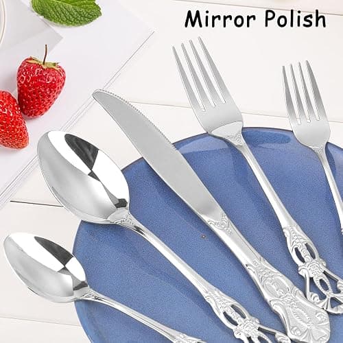 Retro Royal Silverware Set With Gift Box, 60-Pieces Cutlery Set Utensils Stainless Steel Flatware For 12 MIKIWAY Kitchen Tableware Set For Gifts Festive, Dishwasher Safe, Mirror Polishing thumbnail 5
