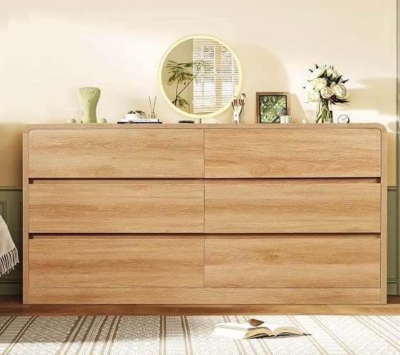 TEENFON 55" Dresser for Bedroom with 6 Drawers, Dressers & Chests of Drawers with Curved Profile Design, 6 Drawer Dresser, Bedroom Dressers, Wood Dressers for Bedroom, Hallway, Natural thumbnail 4