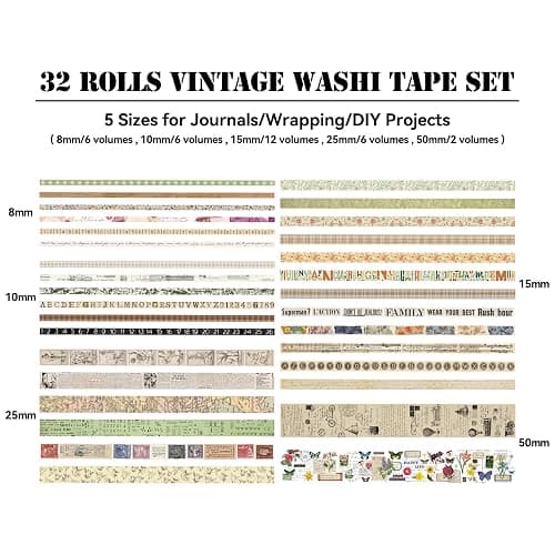 Vintage Washi Tape Set for Scrapbooking & Journaling - 32 Rolls Floral, Cute Decorative Tapes with Assorted Widths, Retro Aesthetic DIY Gift for Bible, Bullet, Junk Journal Supplies (Christmas Tape) thumbnail 5