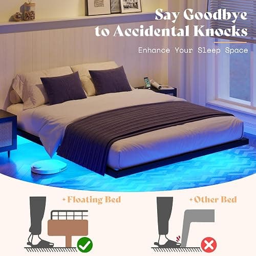 AMERLIFE Queen Size Floating Bed Frame, Queen Bed Frame with LED Light, Heavy Duty Metal Platform Bed, No Box Spring Needed/Noise Free/Black thumbnail 5