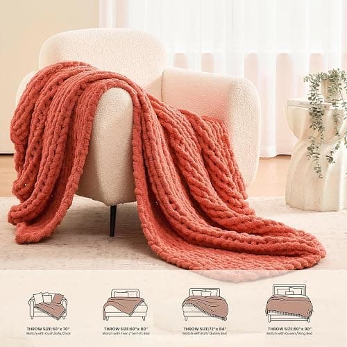 L'AGRATY Chunky Knit Blanket Throw: 50''x60'' Chenille Chunky Knitted Throw Blankets for Bed Couch - Handmade Thick Cable Knit Blanket - Large Crochet Rope Blankets for Home Decor(Coral Pink) thumbnail 6