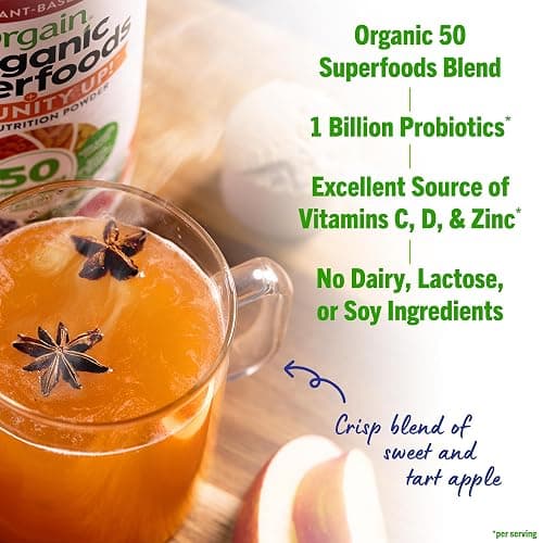Orgain Organic Greens + 50 Superfoods Immunity Up! Powder, Honeycrisp Apple - Immune Support, Probiotics, Vitamin C, D & Zinc, Apple Cider Vinegar, Ashwagandha, Cordyceps & Reishi Mushrooms - 0.62lb thumbnail 6