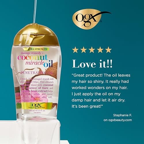 OGX Extra Strength Damage Remedy + Coconut Miracle Oil Penetrating Hair Oil Treatment, Extra Hydrating Anti-Frizz Oil for Coarse, Dry Hair, Paraben-Free, Sulfated-Surfactants Free, 3.3 Fl Oz thumbnail 3