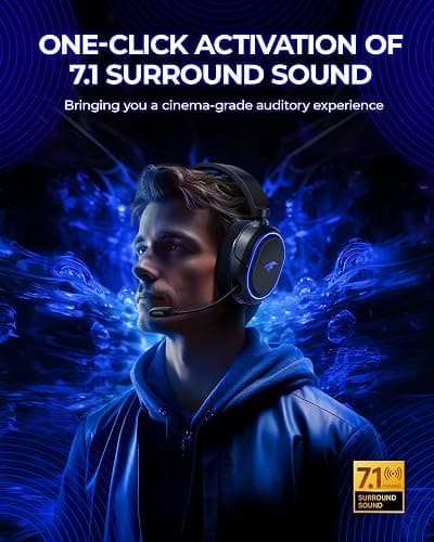 Wireless Gaming Headset, 7.1 Surround Sound, 2.4GHz USB Gaming Headphones with Bluetooth 5.4, 100H Battery, ENC Noise Canceling Mic, RGB Light, Wireless Headset for PC PS5 PS4 Mac Switch (Black-Blue) thumbnail 2