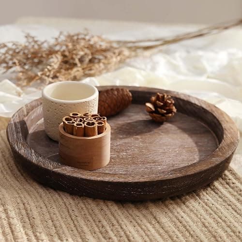 Hanobe Candle Plate Holder Tray: Round Wood Decorative Candle Plate Decor Farmhouse Table Centerpiece Rustic Wood Tealight Pillar Trays for Christmas Wedding Halloween Home Decor thumbnail 4