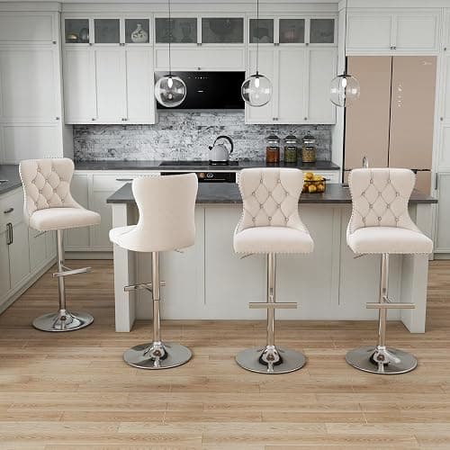 Swivel Bar Stools Set of 4, Velvet Height Adjustable Counter Chairs,Beige | Upholstered Modern Barstools with Button Tufted Back & Silver Footrest, For Dining Room Kitchen Island thumbnail 8