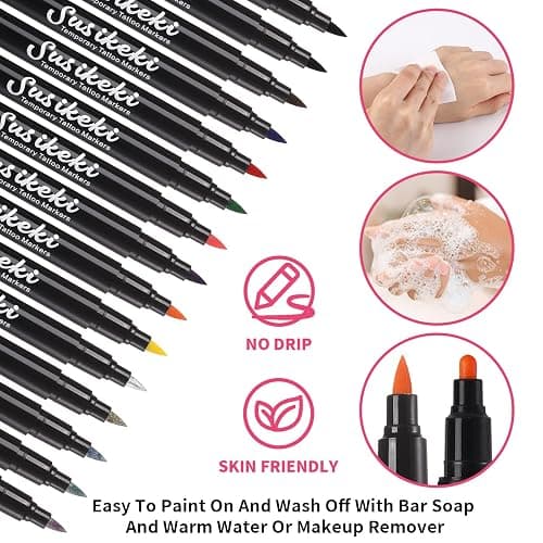 Temporary Tattoo Markers for Skin,15PCS Dual-Ended Tattoo Pen + 50 Paint Stencils + 43 Tattoos Stickers,Glitter & Matte & Neon Glow Body Marker Set, Removable Fake Tattoos Kit for Teens and Adult thumbnail 8