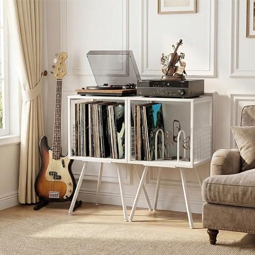 Faesun Record Player Stand with Storage Holds 100+ Vinyl Records, Industrial Turntable Stand with Storage Shelf, LP Album Organizer Cabinet for Small Spaces, whtie End Table thumbnail 6