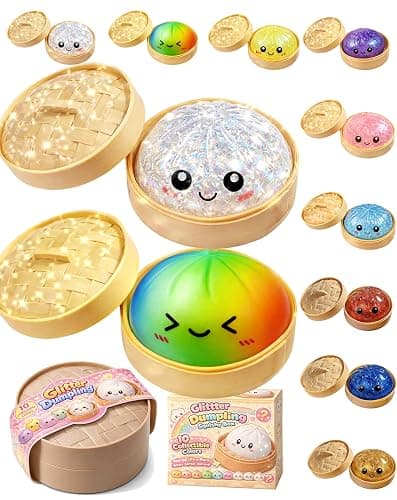 Glitter Dumpling Squishy-Rare Glitter Dumpling Stress Ball, Bun Stress Relief Fidget Low Rising Pink Gold Orange Rainbow Dumplings Toy with Steamer (Glitter White+Rainbow ) - Image 1