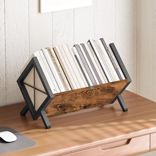 YATINEY Vinyl Record Holder, Record Storage Rack Holds 80-100 LP，Wooden and Metal Record Organizer, Quick Assembly Magazine Holder for CDs, Magazine, Albums, Rustic Brown and Black CJ06BR thumbnail 4