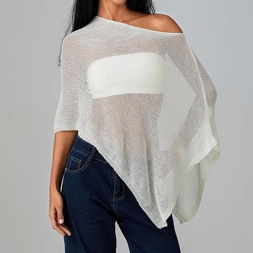 Women Sheer Poncho Top Knit Crochet Lightweight See Through Shawl Summer Shrug Beach Cover Up thumbnail 3