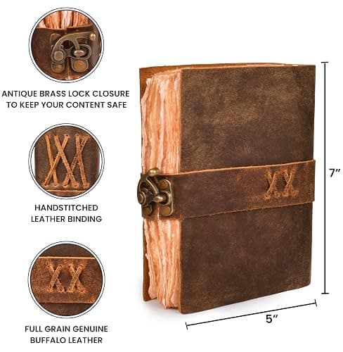 LEATHER VILLAGE Leather Bound Vintage Journal for Women & Men - Book of Shadows - Lock Closure - 200 Pages of Antique Deckle Edges Handmade Paper - Rustic Brown Color - 7 X 5 inches thumbnail 3