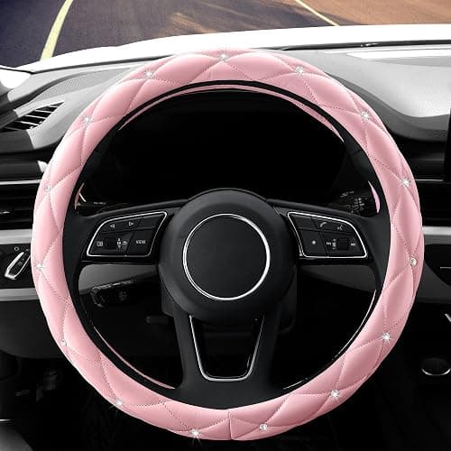 YOGURTCK Cute Diamond Soft Light Pink Leather Anti-Slip Steering Wheel Cover with Bling Bling Crystal Rhinestones, Universal 15 Inch for Women Girls, Fit Vehicles, Sedans, SUVs, Vans, Trucks thumbnail 2