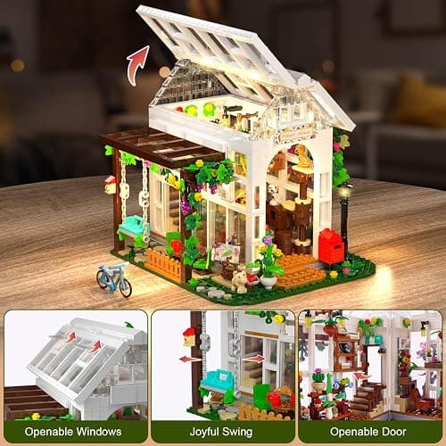 HOGOKIDS Flower House Building Set with LED Light - 1332 PCS Garden House Buiding Toy with Flowers Potted Plants Parrot Cat Animals Playset Greenhouse Model Xmas Gift for Adults Teens Girls Ages 8+ thumbnail 5