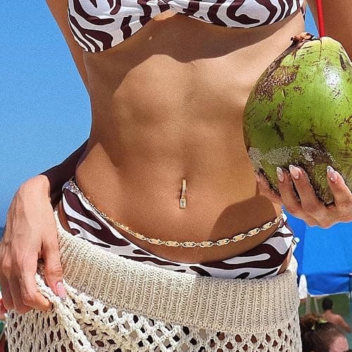FIBO STEEL 14K Gold Plated Belly Button Rings for Women Clicker Dangle Belly Rings CZ Pearl Star Shells Barbell Navel Rings 316L Surgical Steel Belly Piercing Jewelry 14G thumbnail 3