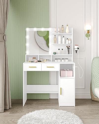 Hzuaneri Vanity Desk with Mirror and 10 LED Lights, Power Strip Makeup Vanity with 3 Shelves, Dressing Table with Drawers & Cabinet, 3 Adjustable Lighting Brightness, White DT34303XCA thumbnail 5