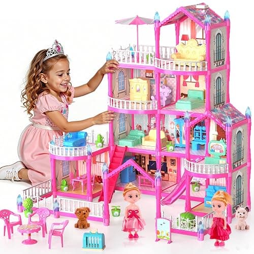 Pupu Pig Doll House Toys for Girls, Dollhouse with Glow in The Dark, Kids Doll House Playset with 4-Story 14 Play Areas, 2 Dolls, Toy Dogs, Dollhouse Accessories and Furniture, Princess Toy Gifts - Image 1