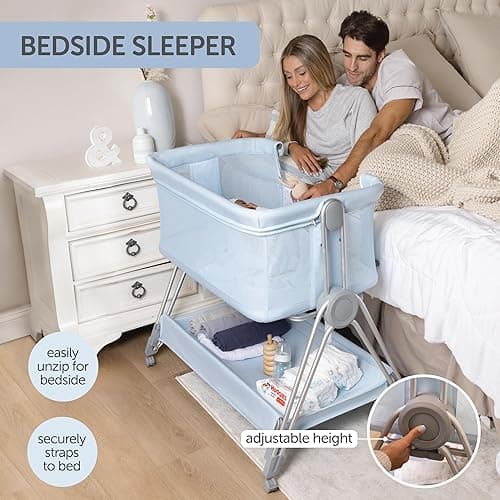 KOOLABABY Baby Bedside Sleeper - Bassinet & Bedside Crib with Height Adjustment & Wheels - Can Be Placed Next to Bed - Attaches to Parents Bed - Easy to Fold & Carry Bassinet for Boys (Blue) thumbnail 4