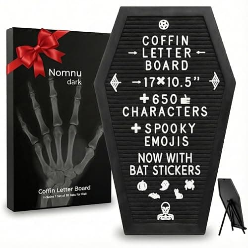Nomnu Coffin Letter Board, Black Goth Decor with Bat Stickers Spooky Emojis | Wood and Felt board 17x10.5 inches +650 characters 80+ spooky gothic seasonal emojis, sawtooth hanger. Tabletop Stand thumbnail 9