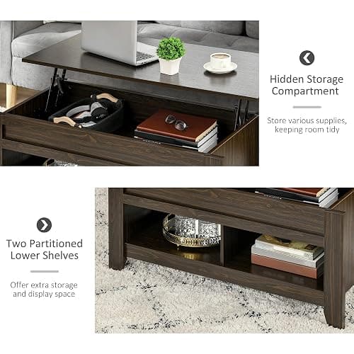 HOMCOM Lift Top Coffee Table with Hidden Storage Compartment and Open Shelves, Lift Tabletop Pop-Up Center Table for Living Room, Dark Walnut thumbnail 5
