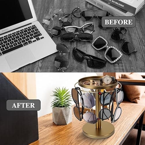 kondyfayo 360° Rotating Sunglass Organizer Storage, Stainless Steel Glasses Holder Stand, Glasses Organizer with Tray for Desk, Dresser, Tabletop, Nightstand and Home Decor (Gold) thumbnail 4