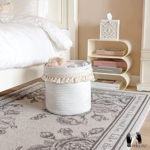 Mkono Macrame Decorative Cotton Rope Basket Boho Nursery Decor Small Cute Woven Tassel Closet Storage Bins Organizer for Baby Toys,Magazines, Potted Plants Cover,Living Room,Bedroom, 11"x11" thumbnail 6