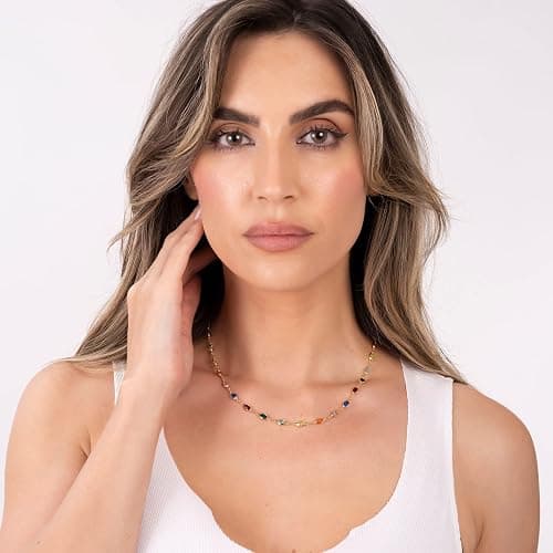 Barzel 18K Gold Plated Multicolor Stone Crystal Oval Necklace for Women - Made In Brazil thumbnail 3