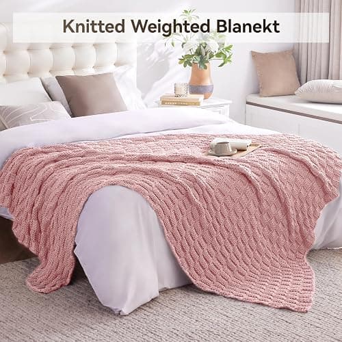 Wellfeel Knitted Weighted Blanket for Adult, No Beads Heavy Blanket 48” x 72'' 12lbs, Breathable Chunky Knit Blanket, Cooling Weighted Blanket for Hot Sleepers, Christmas Home Decor (HoneyPink) thumbnail 6