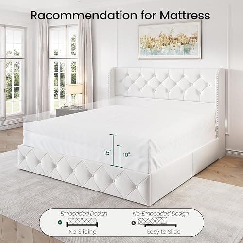 LARMACE Queen Size Bed Frame with 4 Storage Drawers and Wingback Headboard Velvet Upholstered Platform Bed Frame Tufted Beds with Wooden Slats Support, Easy Assembly, White thumbnail 9