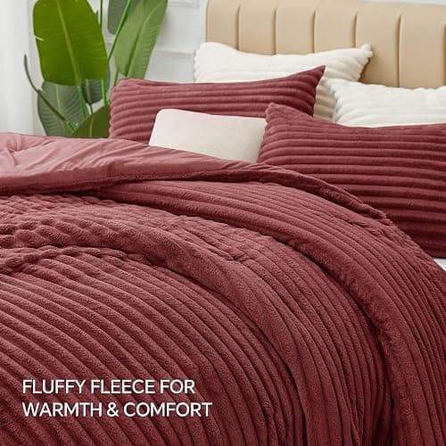 BEDELITE Fleece King Comforter Set -Super Soft & Warm Fluffy Burgundy Bedding, Luxury Fuzzy Heavy Bed Set for Winter with 2 Pillow Cases thumbnail 6