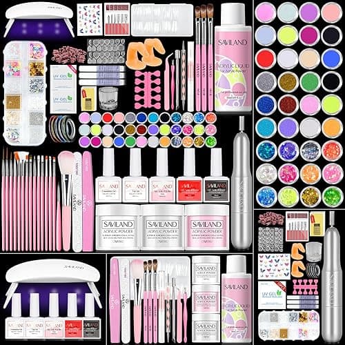 SAVILAND Acrylic Nail Kit with Drill: Professional Nail Kit Acrylic Set for Beginners with Everything Gel Polish U V Light Decorations for Home Salon Gift Set