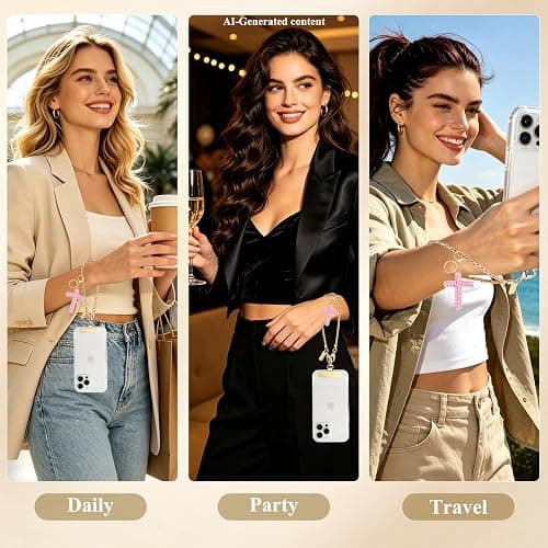 Phone Wrist Strap Gold Metal Chain Wristlet Charms Lanyard for Women | Lightweight anti-drop wrist lanyard, cute charms & keychain, for daily, party, travel, music festival, universal fit with tab thumbnail 6