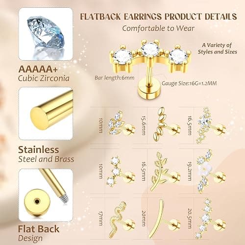 ZELORES 9Pcs Flat Back Cartilage Earrings for Women Trendy 16G Tragus Conch Helix Piercing Jewelry Stainless Steel Snake Star CZ Flat Back Stud Earrings Set thumbnail 5