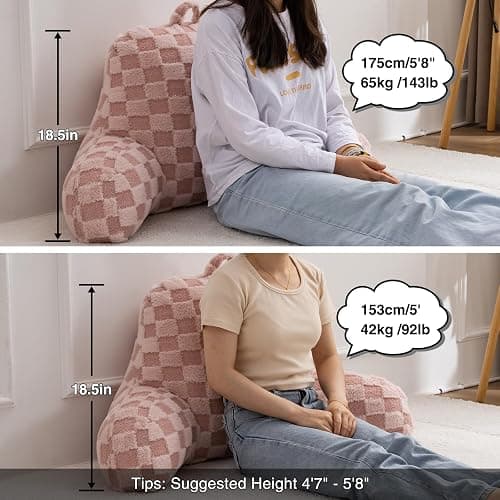 A Nice Night Faux Fur Reading Pillow,Checkered Fluffy Grid Plaid,Bed Wedge Pillow Large Adult Children Backrest with Arms for Bedrest,Pink thumbnail 6