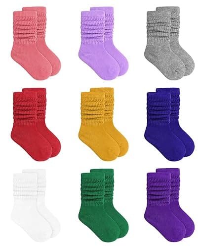 Auranso Little Girl Slouch Socks Knee High Cotton Socks 9 Pairs Girls Long Crew Socks - 9-12 Years - Color D - Image 1