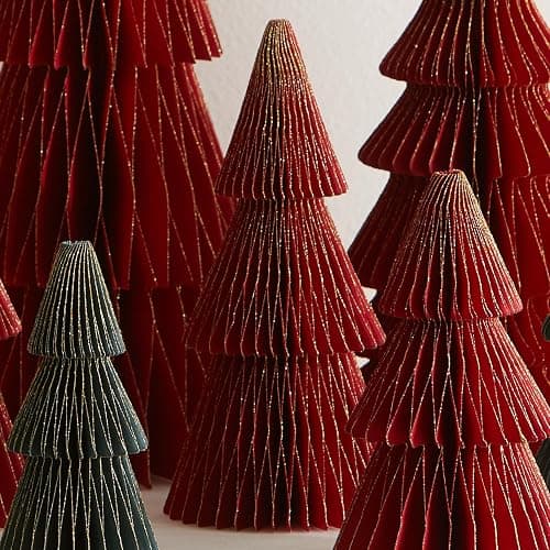 Honeycomb Paper Tree Set of 8 Classic Christmas, Red Green Holiday Mantel Décor, Glitter Gold Edging, Vintage-Inspired Trees, Nostalgic Centerpiece (Set 8 Classic) thumbnail 5
