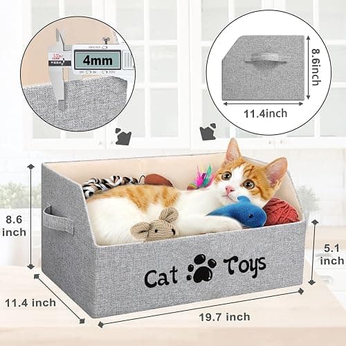 LOVSTORAGE 2X Thicker Large Cat Toy Bin Collapsible Cat Toy Box Sturdy Cat Toy Basket Kitten Toy Storage Bed for Organizing Cat Toys Treats Clothes and Accessories (Grey) thumbnail 2