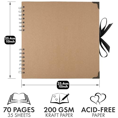 Bstorify 10 x 10 Inches Scrapbook Album For 4 x 6, 8 x 10 Pictures, 70 Pages Brown Thick 200gsm Kraft Paper Corner Protectors, Ribbon Closure - Ideal for Your Scrapbooking, Art & Craft Projects thumbnail 3