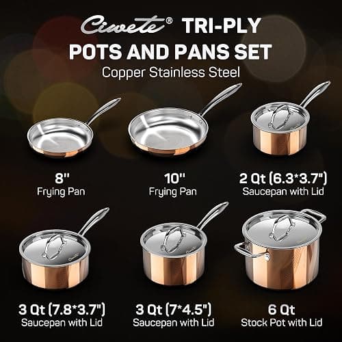 Ciwete Whole Tri-ply 18/10 Stainless Steel Cookware Set, 10 Pcs Elegant Copper Pots and Pans Set, Induction Cookware, Frying Pans, Saucepans & Stock Pot with Lid, Ideal Gift for Wedding, Housewarming thumbnail 6