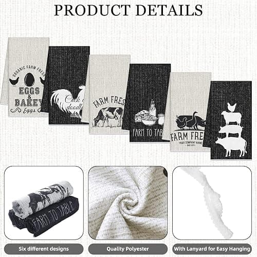 Redbaker 6 Pcs Farm Animal Kitchen Towels Farmhouse Funny Dish Towel Rustic Hand Towels Rooster Cow Pig Decorative Tea Dishcloth Absorbent with Hanging Loop for Kitchen Bathroom Housewarming Gift thumbnail 4