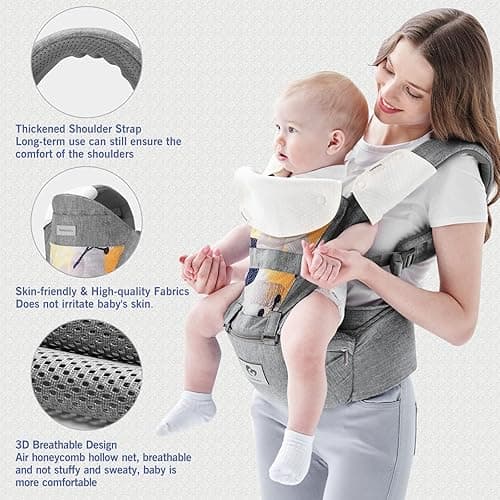Baby Carrier, Bellababy Multifunction Baby Carrier Hip Seat (Ergonomic M Position) for 3-36 Month Baby, 6-in-1 Ways to Carry, All Seasons, Adjustable Size, Perfect for Shopping Travelling, Grey thumbnail 3
