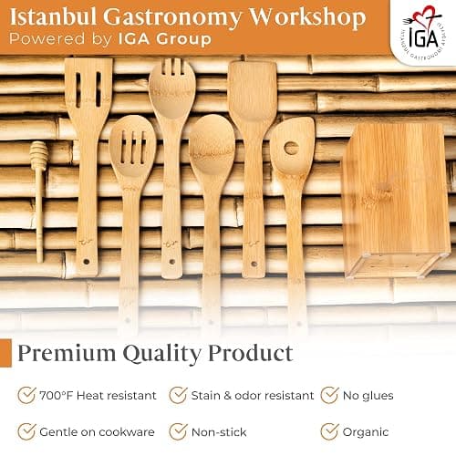 IGA Organic Bamboo Cooking Utensils Set Spoons, Spatulas With Holder For High Heat Resistant In Nonstick Pots, Pans & Cast Irons Skillets (8-Piece Set) Great Gift Idea For Everyday Use thumbnail 5