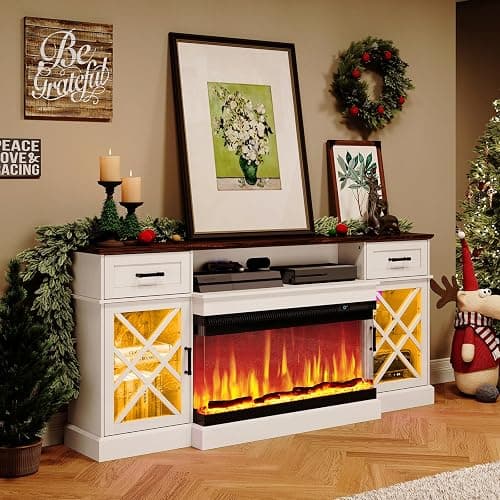 AMERLIFE Farmhouse LED Fireplace TV Stand with 3-Sided Glass Fireplace, 70" Large Entertainment Center for TVs up to 80", Rustic TV Console with Glass Door Storage for Living Room, Barnwood+White thumbnail 3