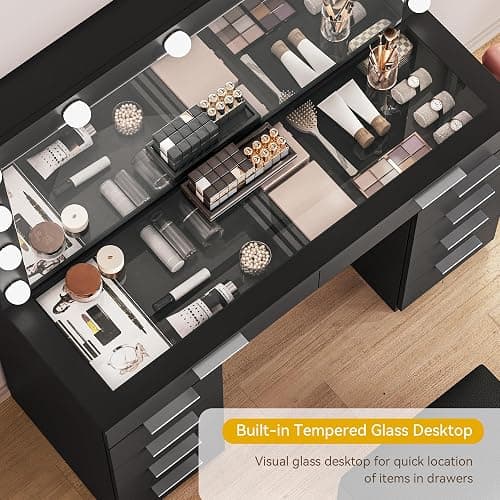 DWVO 46'' Glass Top Vanity Desk with 10 Drawers, Makeup Vanity Set with with Large Mirror and 12 LED Lights, Dressing Table with Charging Station & Storage Chair, 3-Color Light Modes, Black thumbnail 5